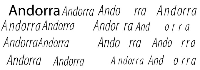 Various artistic representations of the word Andorra in different fonts and styles featuring typography on a white background