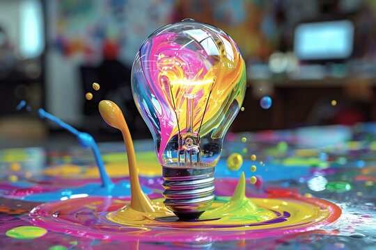 Colorful paint splattered light bulb with exploding colors and creative energy swirling around it.