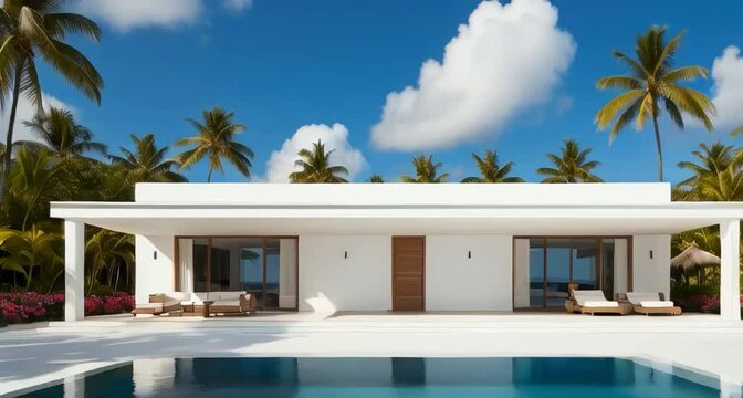 A minimalist, single-story contemporary beach house in the style of caret, with a predominantly white exterior