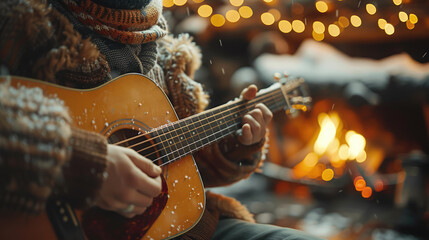 Obraz premium A musician playing an acoustic guitar in a cozy, intimate setting, highlighting passion and creativity