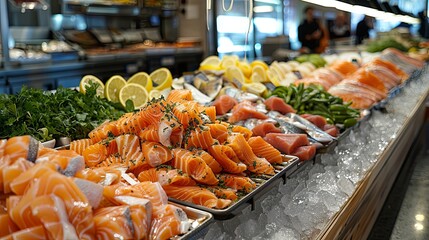 Seafood section with fresh fish and ice displays