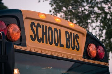 Classic Yellow School Bus Close-Up at Dusk