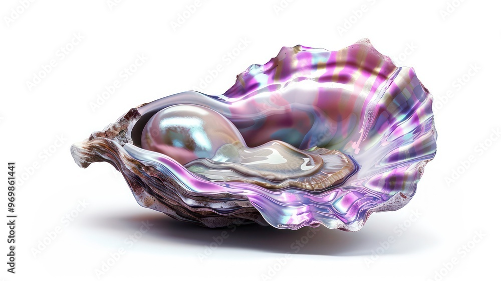 Poster A large iridescent pearl is nestled within an open oyster shell with a white background.