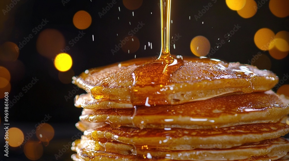 Sticker a stack of golden pancakes balanced on a rustic table, drizzled with rich, bubbly syrup