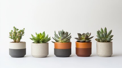 Fototapeta premium A row of five potted plants with different colors and sizes
