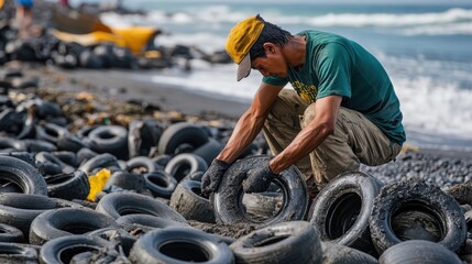 Obraz premium Man sorting old tires on a beach, environmental cleanup concept