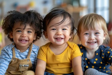 Three toddler kids from diverse backgrounds sitting together and smiling joyfully, showcasing the beauty of multicultural inclusion and diversity.