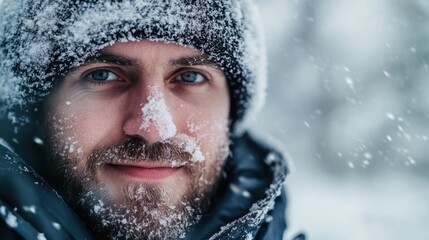 Close-up portrait of a man with snow-covered beard and hat, winter chill concept