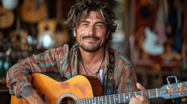 A musician playing an acoustic guitar in a cozy, intimate setting, highlighting passion and creativity
