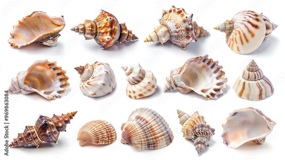 Poster a collection of various seashells isolated on a white background. the seashells are of different sha