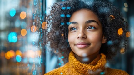 Afro woman looking out the window while it's raining