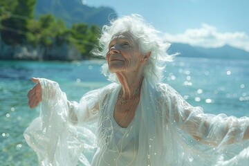 Elderly woman enjoying a dancing by the sea with a futuristic twist using AI-generated effects.