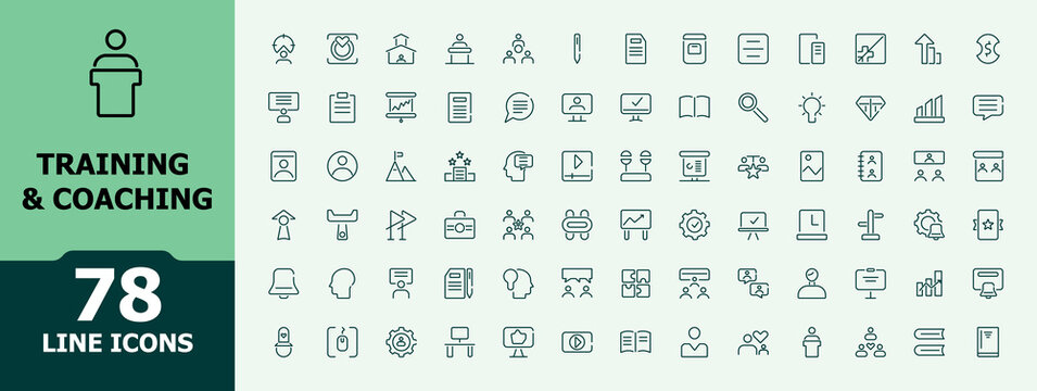 Training and coaching line icons. Related to training, coaching, mentoring, education, meeting, teamwork. Outline icon collection. Editable stroke.
