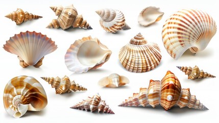 A collection of various seashells on a white background, perfect for decorative purposes or educational use.