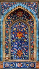 Traditional Persian mosaic wall with geometric and floral designs in Iran Blue ceramic tile background for text 
