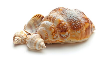 Close-up of three seashells with white sand on a white background.