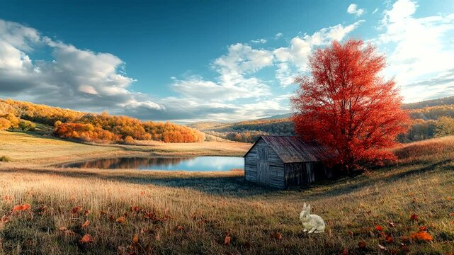 An old wooden barn stands on the edge of a tranquil lake, surrounded by open fields and vibrant fall trees, under a cloud-filled blue sky. Seamless looping 4k time-lapse animation video background 
  