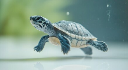 Fototapeta premium A close-up view of a colorful turtle on a light background in a calm indoor setting