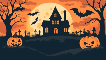 Fototapeta premium Spooky Halloween Night with Jack-O-Lantern, Haunted House, and Bats