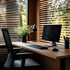 Fototapeta premium Modern office workspace with a sleek desk, computer screen, and natural light, ideal for productivity and creativity.