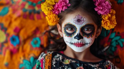 Young Girl Dressed in Traditional Mexican Clothing with Day of the Dead Makeup