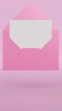 A 3d pink paper envelope is opened and a white sheet of paper appears on a pink background. Opening of envelope. Paper reveal, invitation, letter or card. Concept of mail, wedding greeting. Vertical.