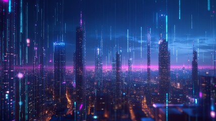 Smart city digital transformation development concept. Band lights over modern urban cityscape at night. New fast internet communication 5G technology. Fiber Optics