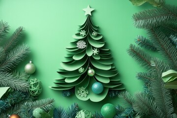 eco-friendly christmas dcor, eco-friendly christmas decor paper-cut pine tree template adorned with recycled ornaments promotes sustainable holiday festivities