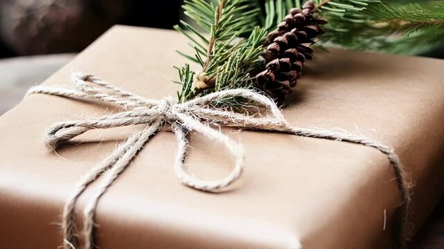Single christmas present wrapped in brown paper and tied with string is laying on a wooden table with pine boughs and pine cones in the background