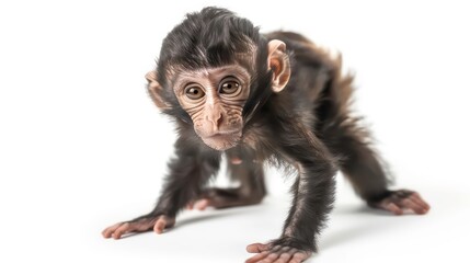 Fototapeta premium Adorable baby monkey with big brown eyes crawling on a white background.