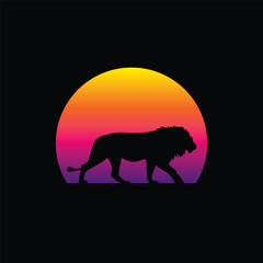 Fototapeta premium Silhouette of a lion against a striped retro sunset. Original vector illustration in vintage style isolated on light background. T-shirt design.