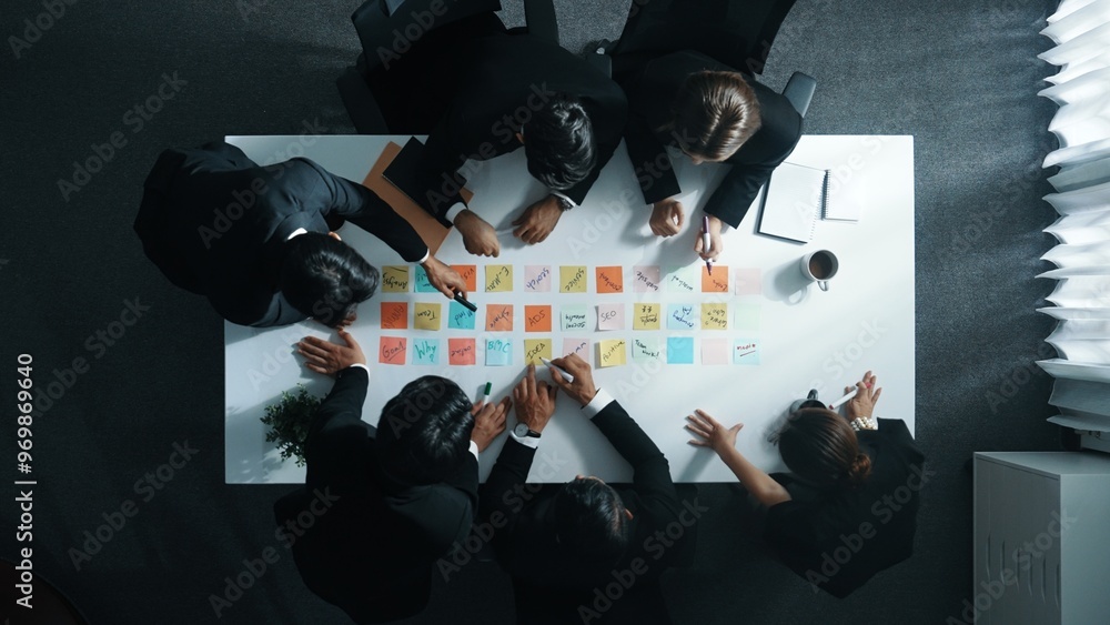 Poster top down aerial view of manager discuss and choose marketing idea from sticky notes. group of busine