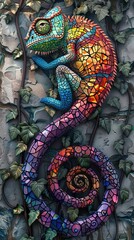 Fototapeta premium A colorful lizard with a long tail is sitting on a wall. The lizard is made of small pieces of glass.