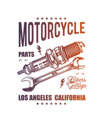 Retro poster. Spark plug and wrench. Original vector illustration in vintage style isolated on white background. T-shirt design.