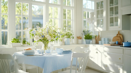 A sunlit kitchen with white cabinets, a table set with blue and white dishes, and a vase of fresh flowers, exuding a bright, airy ambiance.