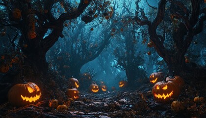 Fototapeta premium Jack-o'-Lantern Path Through a Foggy, Spooky Forest