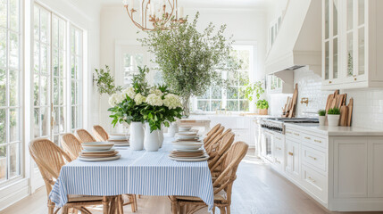A light, airy kitchen with a large dining table set with plates, woven chairs, and potted plants, looking out onto a verdant garden.