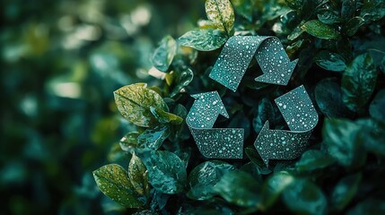   A green plant with a recycling symbol on top in focus