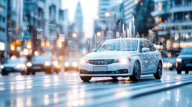 A modern car drives through a busy, illuminated city street, with digital data overlays depicting technological connectivity and smart city integration.