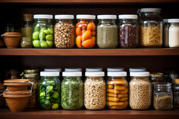 Organized Pantry Room with Glass Jars for Food Storage, Clean and Sustainable Kitchen Design