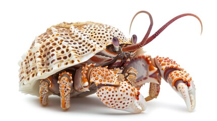 A close-up of a spotted hermit crab, with its claws outstretched, isolated on a white background.