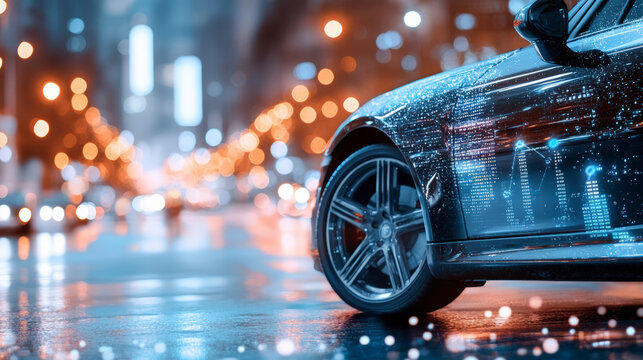 A sleek, futuristic car drives through a city at night, with bokeh lights hinting at advanced digital technology integration.