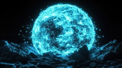 Glowing Blue Sphere Above a Rocky Landscape