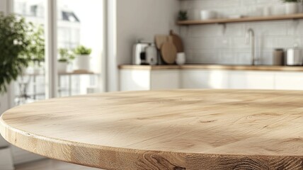 Empty beautiful round wood tabletop counter on interior in clean and bright kitchen background, Ready for display, Banner, for product montage 