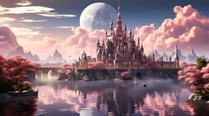 Fototapeta premium magic fantasy castle in pink sunset lights