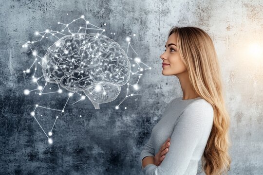 Synapse neuron memory consolidation cognitive enhancement and human cognition young woman observing digital brain representation on a concrete wall symbolizing innovation