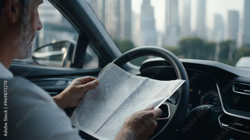 Poster a person sits in a car reading a map, navigating through a city with skyscrapers visible in the back