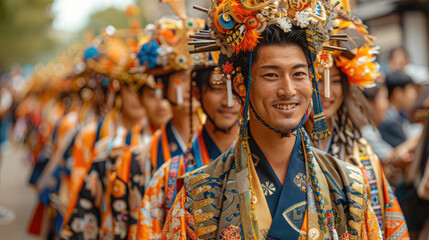Fototapeta premium A parade with participants in traditional costumes, vibrant floats, and cheering crowds