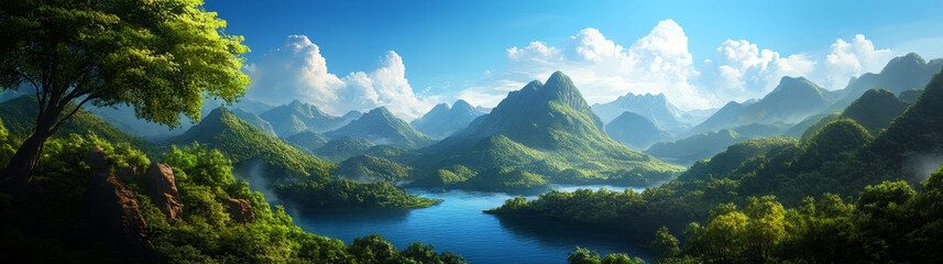 Fototapeta premium A breathtaking panorama of a tranquil mountain lake nestled amidst lush green hills, with a bright blue sky and fluffy white clouds overhead. The scene evokes a sense of peace, tranquility, and natura