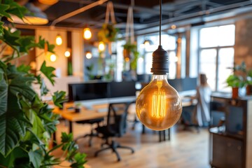 A dimly lit office with a single light bulb hanging from the ceiling,generative ai image